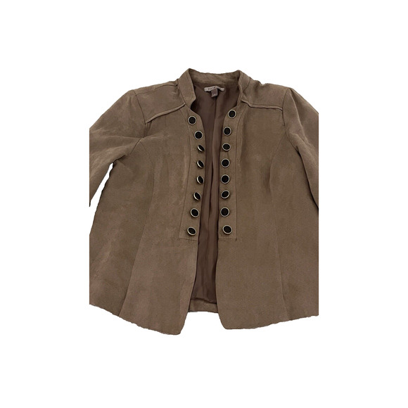 Roz &Ali Women's Jacket Faux Suede Military Tan Beige Open Front Button Accent L - Picture 1 of 8